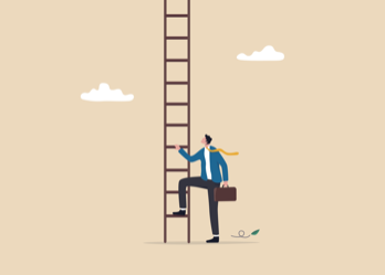 Cartoon image of man climbing ladder with briefcase.