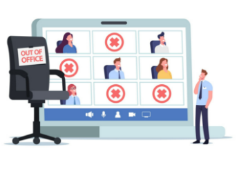 illustration of empty office chair and remote participants