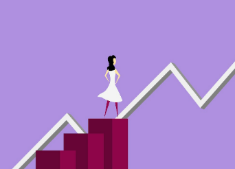 Illustration of woman on bar graph over line graph