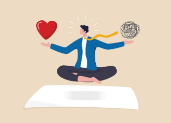 Illustration of man in suit balancing heart and confusion