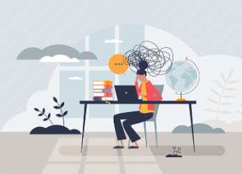Illustration of student at desk with swirls above head