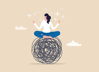Illustration of woman meditating on a ball of scribble