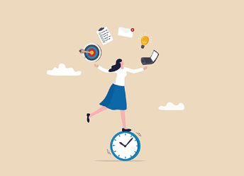 Illustration of woman juggling tasks and balancing on a clock