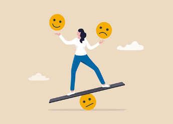 Illustration of woman balancing emotions on see-saw