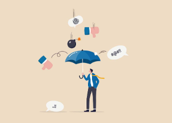 Illustration of man with umbrella with criticism symbols falling