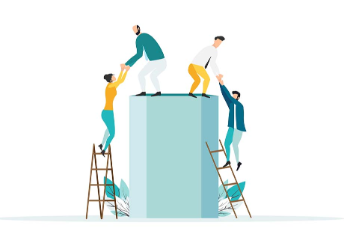 Illustration of coworkers helping each other onto a podium