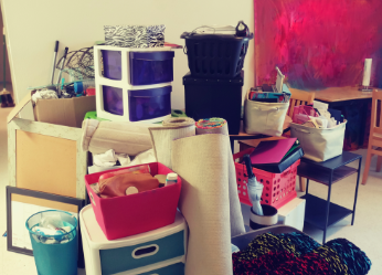 Pile of college student's belonings during move-in